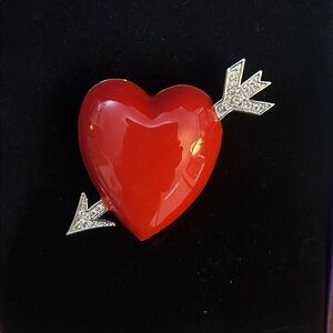 Bob Mackie Red Heart Brooch, Silver tone Arrow about 2.5 in tall, 2.5 in wide